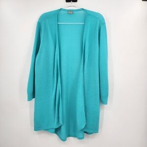 Chicos 3 Open Front Knit Sweater Cardigan Womens Size XL Turquoise 3/4 Sleeve